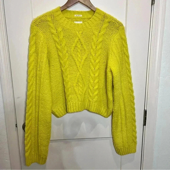 Mother The Wide Sleeve Jumper Crop Highlighter Yellow Cable-Knit Sweater XS - Picture 5 of 12
